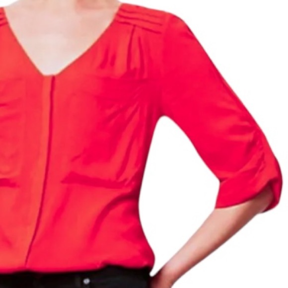 Anthropologie Drapey Pleated Henley Top P10 Petite Large Red Front Pocket Blouse - Picture 4 of 16